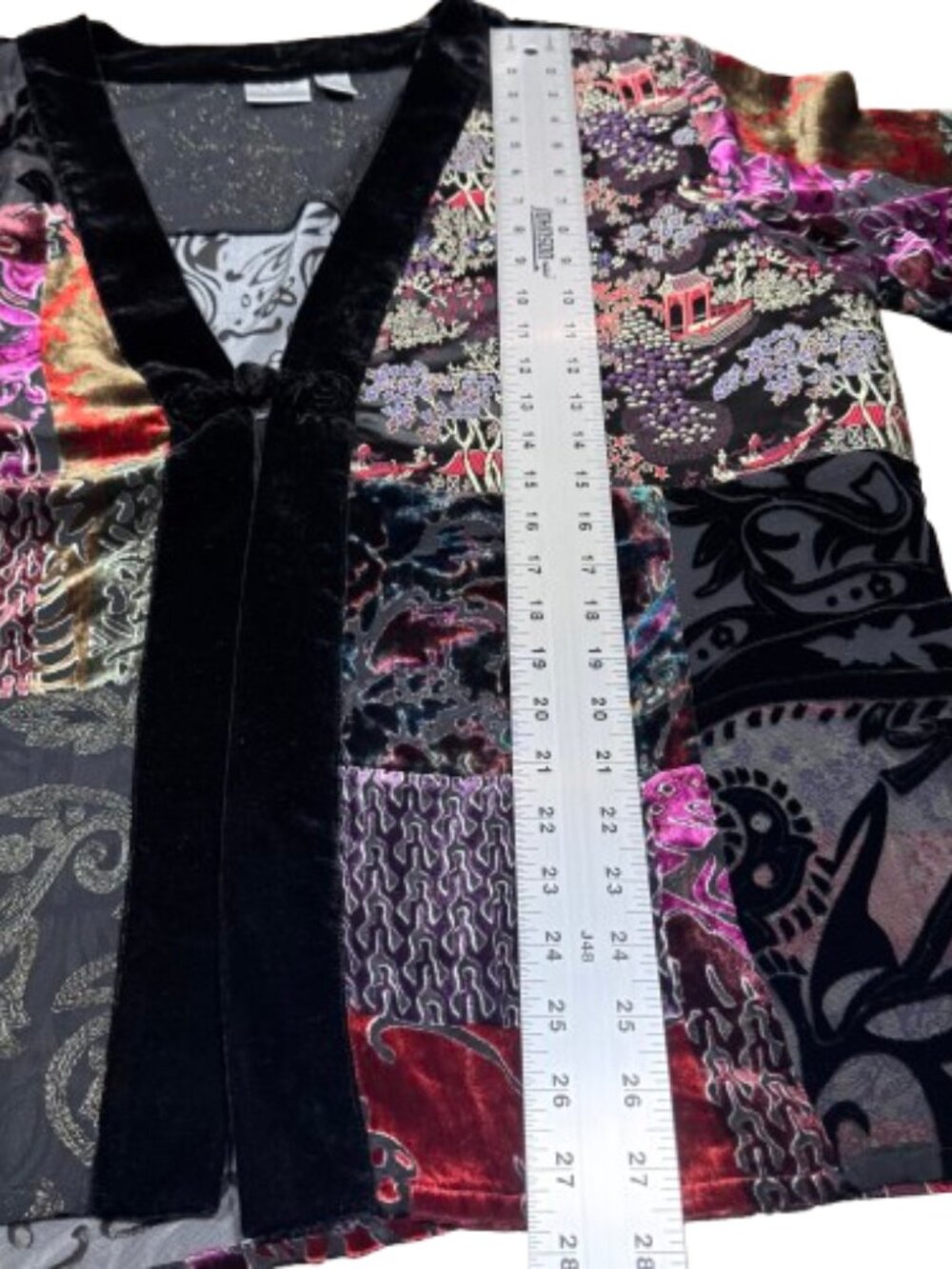 VTG Chico's Burnout Velvet Velour Silk Blend Patchwork Kimono Jacket (Size 3) - Picture 14 of 16
